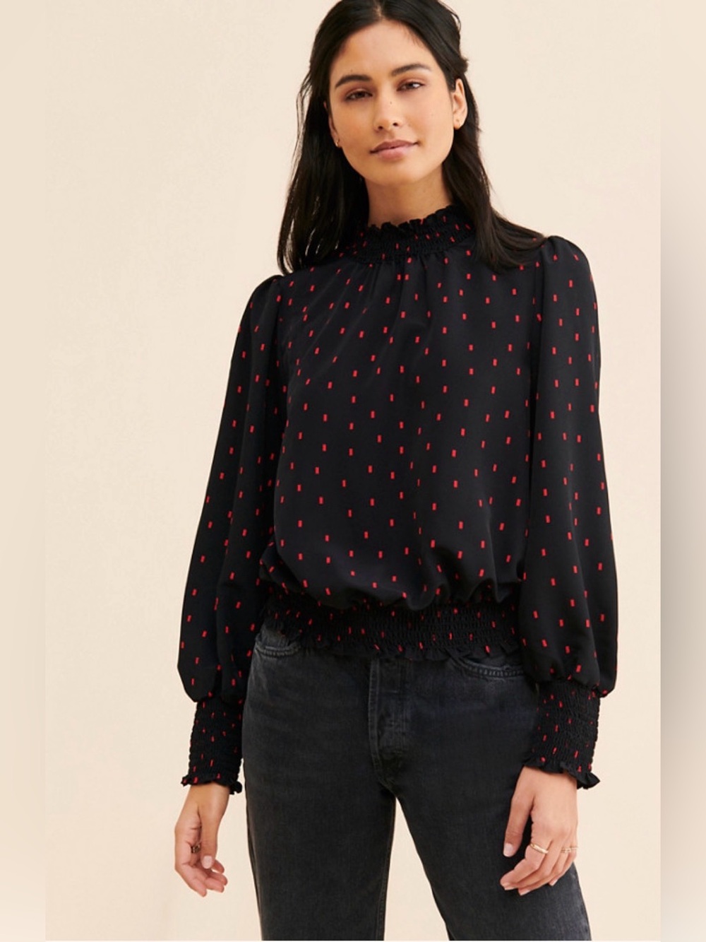 Sanctuary Lunar Popover Black Blouse with Small Red Dot Print Size Large